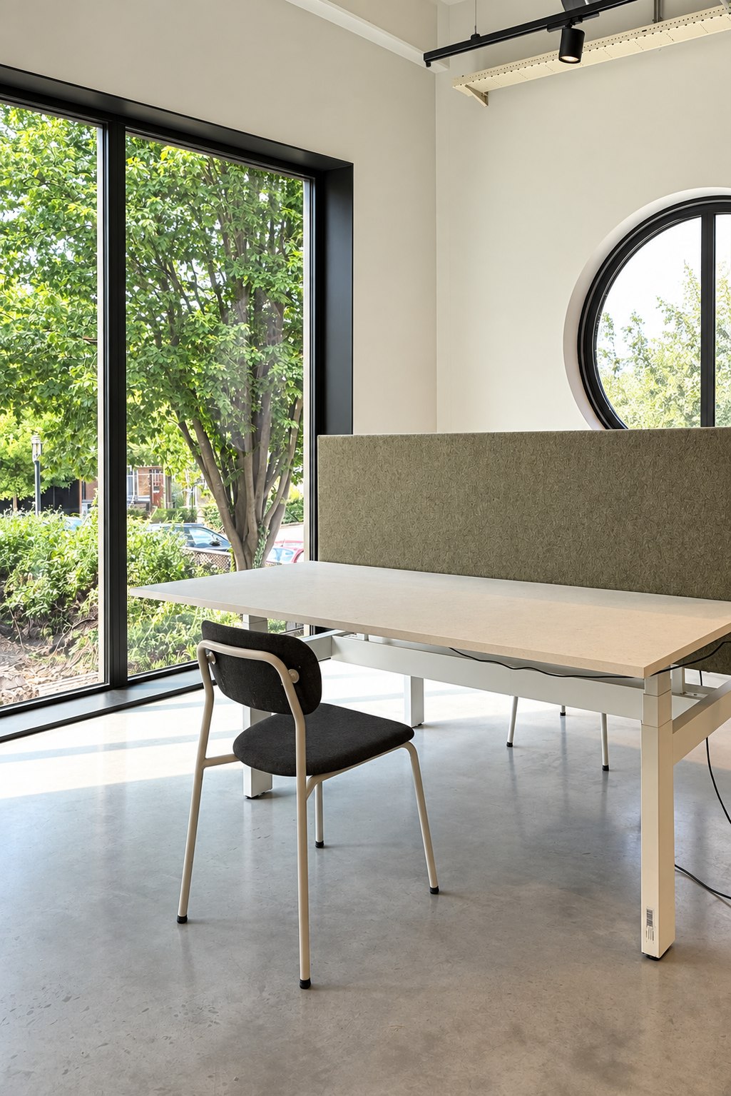 Sfeerbeeld van het innovatielab: daglicht, groen en een lange tafel om samen te denken.