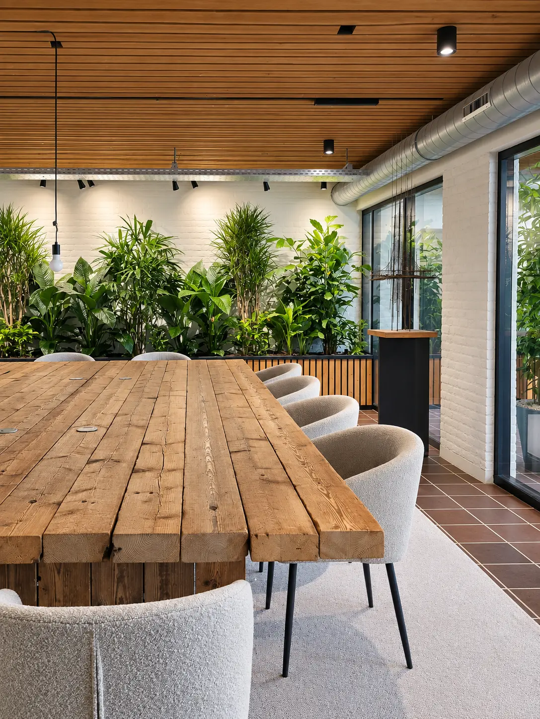 Vergaderruimte met tafel van hergebruikt hout.