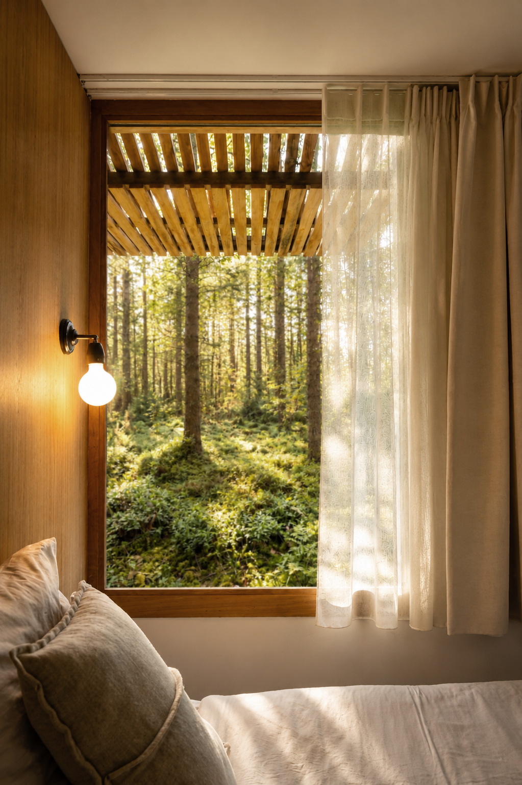 De natuur trekt naar binnen: uitzicht op het bos vanuit de kamer.